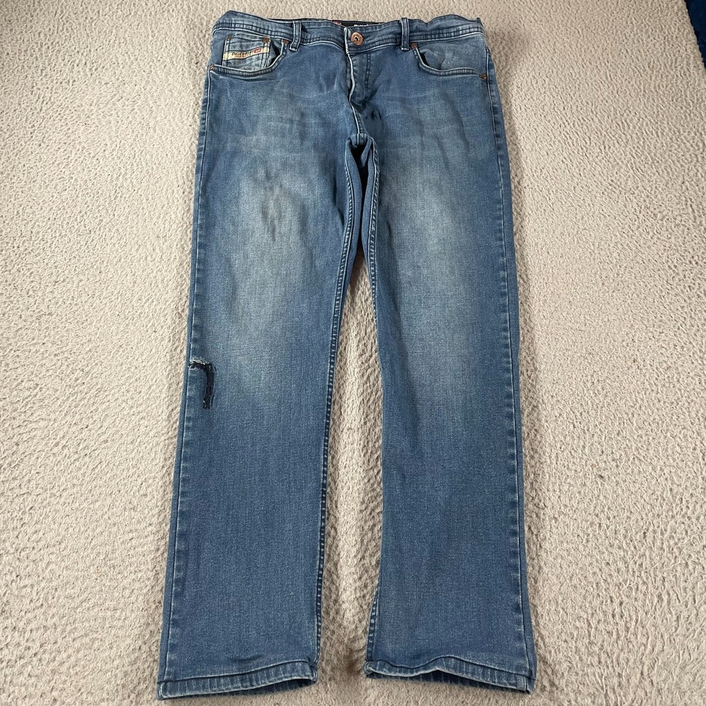 Diesel Jeans Mens 33 Blue Medium Wash Straight Leg Distressed Denim Patch (36x29